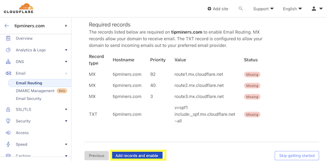Accept MX records to your domain config to allow email forwarding on cloudflare