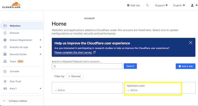 Select the website that you want to configure from your cloudflare account